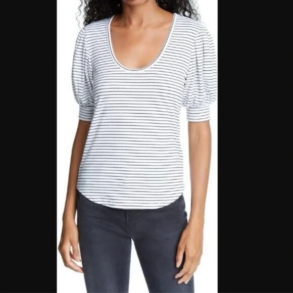 FRAME Puff Sleeve Navy & White Striped Scoop Neck Jersey Top Size XL - Picture 1 of 8